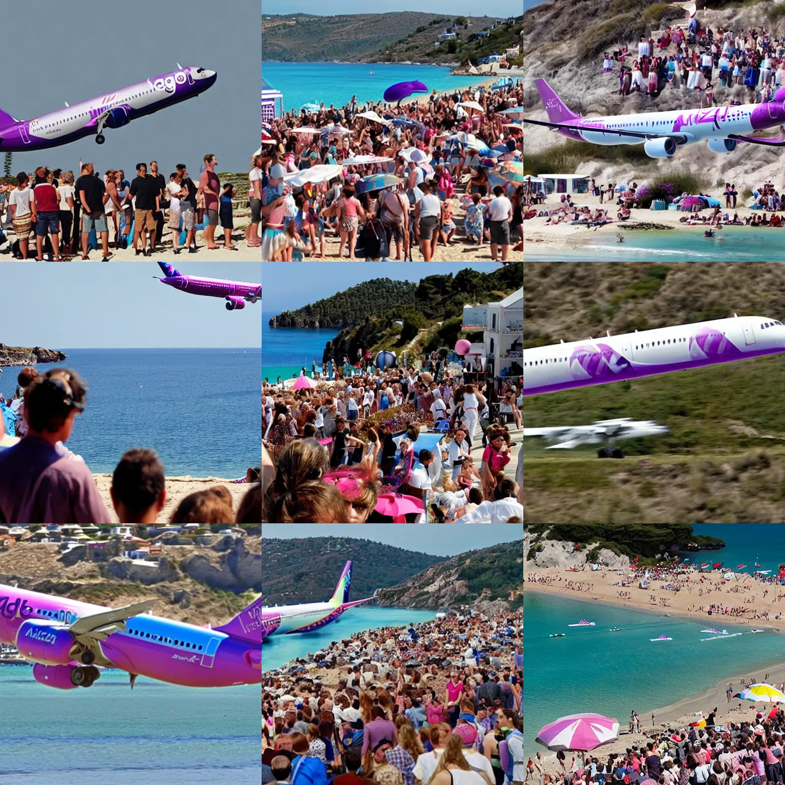 Prompt: a still photo from alice in wonderland ( 2 0 1 0 ) of a wizzair airbus a 3 2 1 neo landing at skiathos airport, low over the heads of the people on the beach