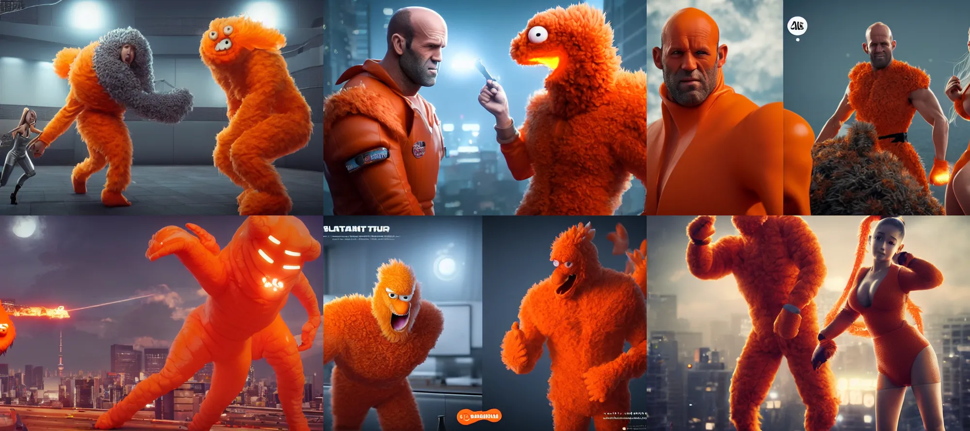 Prompt: ultrarealistic giant ariana grande vs jason statham wearing orange monster chicken suit in tokyo by yusuke murata, octane render, substance painter, movie action still frame, cinematic lighting, volumetric lighting, extreme intricate details, artstation, dnd art, cgsociety, sharp focus, ultra wide angle, digital painting by artgerm, gerald brom, wlop
