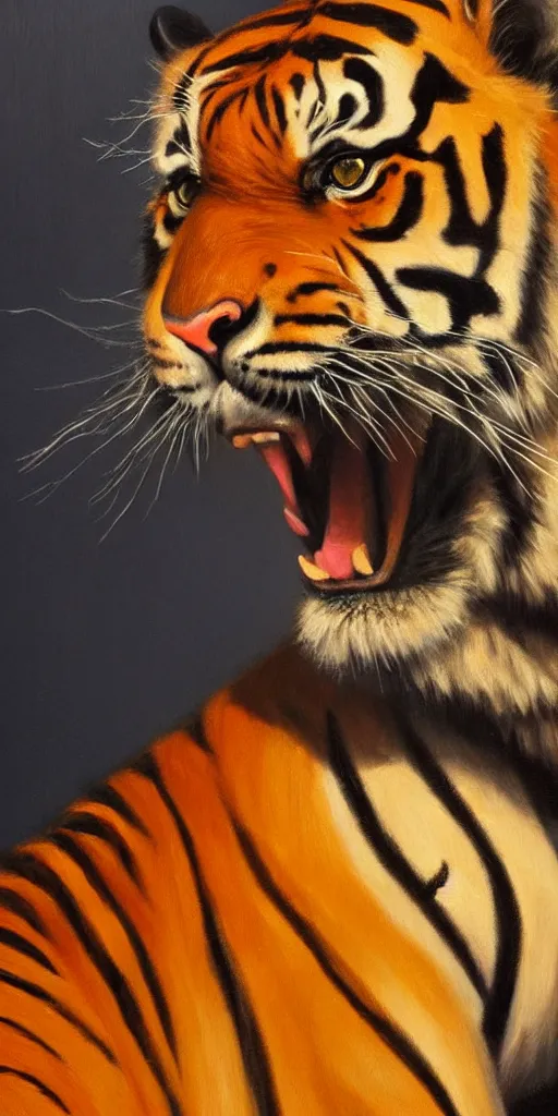 Image similar to cinematic and highly detailed oil painting of a tiger by josep tapiro baro and edward hopper, trending on artstation, vivid oil painting masterpiece, symmetry, mysterious, very very very aesthetic