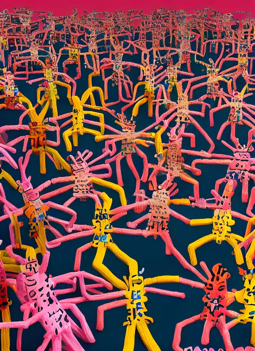 Image similar to room full of giant sakura people made out of huge pipecleaners in the style of Jean-Michel Basquiat, 3D cinematic lighting, spotlight at a 90 DEGREE ANGLE, photorealism, octane render, depth of field, 8k, 35mm, artgem, Trending on artstation