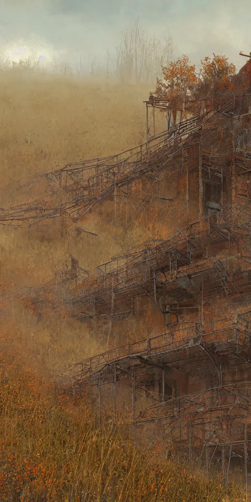 Prompt: rusty broken building constructions of a giant staircase, the ruins, in the steppe, autumn field, misty background, from the game pathologic 2, highly detailed, sharp focus, matte painting, by isaac levitan and asher brown durand,