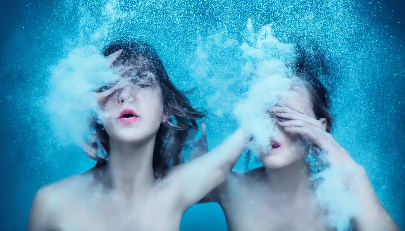 Prompt: humans hide in the underwater, feedback loop , burst of powders ,volumetric lighting, twisting vapour, bellowing dust , emerging hands and beautiful woman’s face , full colour , upscale , 4k