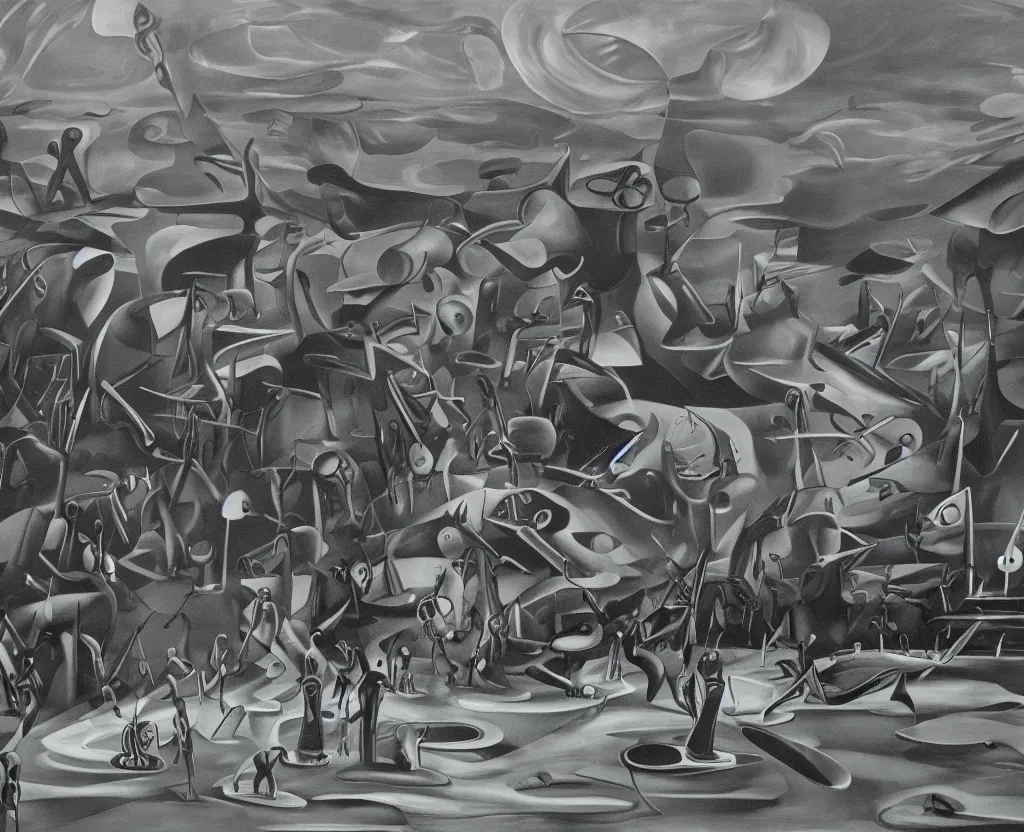 Prompt: artificial black hole wasteland. a large full room art installment by Yves Tanguy, realistic