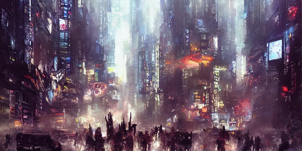 Image similar to “ epic cyberpunk city by zhaoming wu, nick alm, bernie fuchs, hollis dunlap, gregory manchess ”