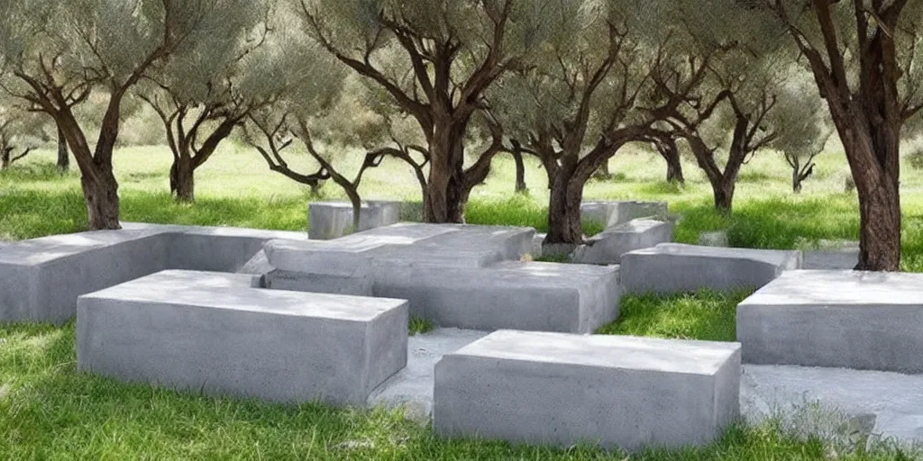 Image similar to creative concrete benches, colorful, olive trees