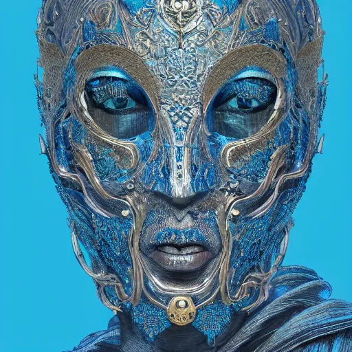 Prompt: Very very very very highly detailed epic central composition portrait of face with venetian mask, blue, intricate, dystopian, sci-fi, extremely detailed, digital painting, artstation, concept art, smooth, sharp focus, illustration, intimidating lighting, incredible art by Tokujin Yoshioka and Anton Pieck