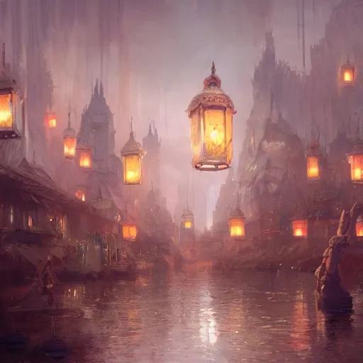 Prompt: concept art, water lanterns, high resolution, by james gurney, greg rutkowski, john howe, artstation