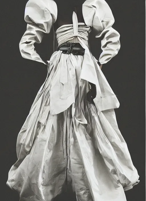 Image similar to a early 0 0's aesthetic portrait of a model detailed features wearing a cargo wedding dress - chic'techno fashion trend by issey miyake and mitsuo katsui