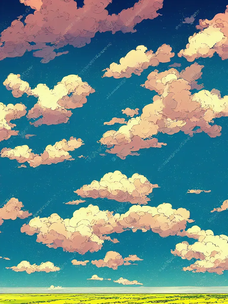 Image similar to a digital art of a landscape of a field and the sea at noon, beautiful sky and clouds, colorful, by laurie greasley, artstation, studio ghibli color scheme