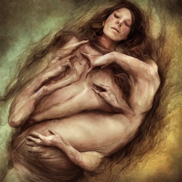 Prompt: dying pregnant woman, fantasy art, realistic, life - like