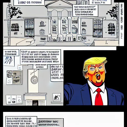 Prompt: donald trump, comic book panels, white house,