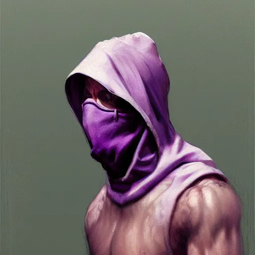 Image similar to ultra realistic illustration, man in a black hood, in a striped purple balaclava, mysterious, highly detailed, digital painting, artstation, concept art, smooth, sharp focus, illustration, art by artgerm and greg rutkowski and alphonse mucha