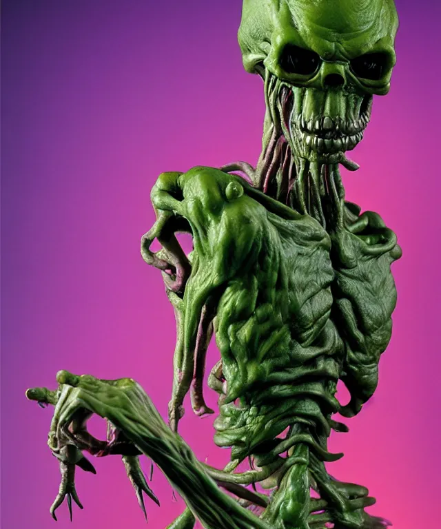 Image similar to hyperrealistic rendering, cronenberg flesh monster skeletor by art of skinner and richard corben and jeff easley, product photography, action figure, sofubi, studio lighting, colored gels