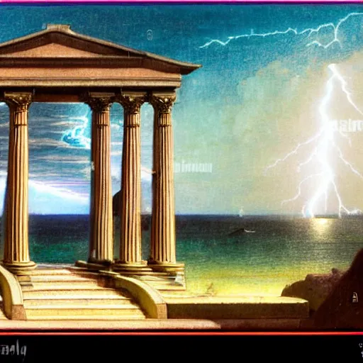 Image similar to Doric temple on front of balustrade and palace columns, refracted lightnings on the ocean, thunderstorm, tarot cards characters, beach and Tropical vegetation on the background major arcana sky and occult symbols, by paul delaroche, hyperrealistic 4k uhd, award-winning, very detailed paradise