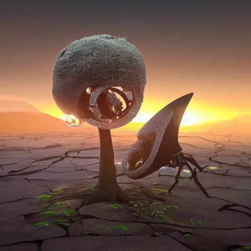 Prompt: side view a group of robot mechanical sense halitrephes maasai hamburger sharp jellyfish growing form tree branch, sunset, c 4 d, 8 k cleaning future, highly quality penetrating feeling bright light, cg, cyberpunk