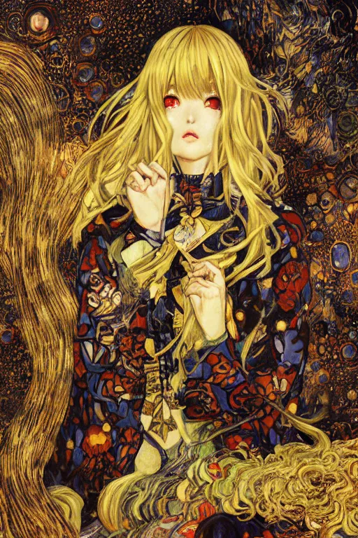 Prompt: Kirisame Marisa from touhou, official artwork, danbooru, by Karol Bak, Jean Deville, Gustav Klimt, and Vincent Van Gogh, Surreality, fractal structures, arcane, ornate gilded medieval icon