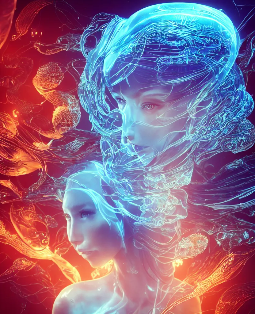 Image similar to close-up macro portrait of the face of a beautiful princess, epic angle and pose, symmetrical artwork, 3d with depth of field, blurred background, cybernetic jellyfish female face skull phoenix bird, translucent, nautilus, energy flows of water and fire. a highly detailed epic cinematic concept art CG render. made in Maya, Blender and Photoshop, octane render, excellent composition, cinematic dystopian brutalist atmosphere, dynamic dramatic cinematic lighting, aesthetic, very inspirational, arthouse. y Greg Rutkowski, Ilya Kuvshinov, WLOP, Stanley Artgerm Lau, Ruan Jia and Fenghua Zhong