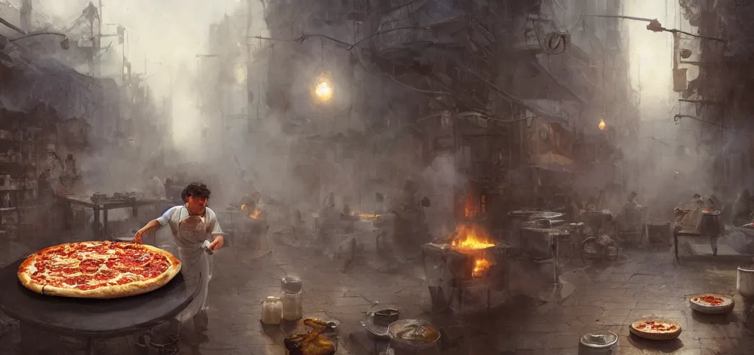 Image similar to a chef inventing pizza, scientific, tools, happy chef, pots and pans, jars, fog, magic, 8k, james gurney, greg rutkowski, john howe, artstation