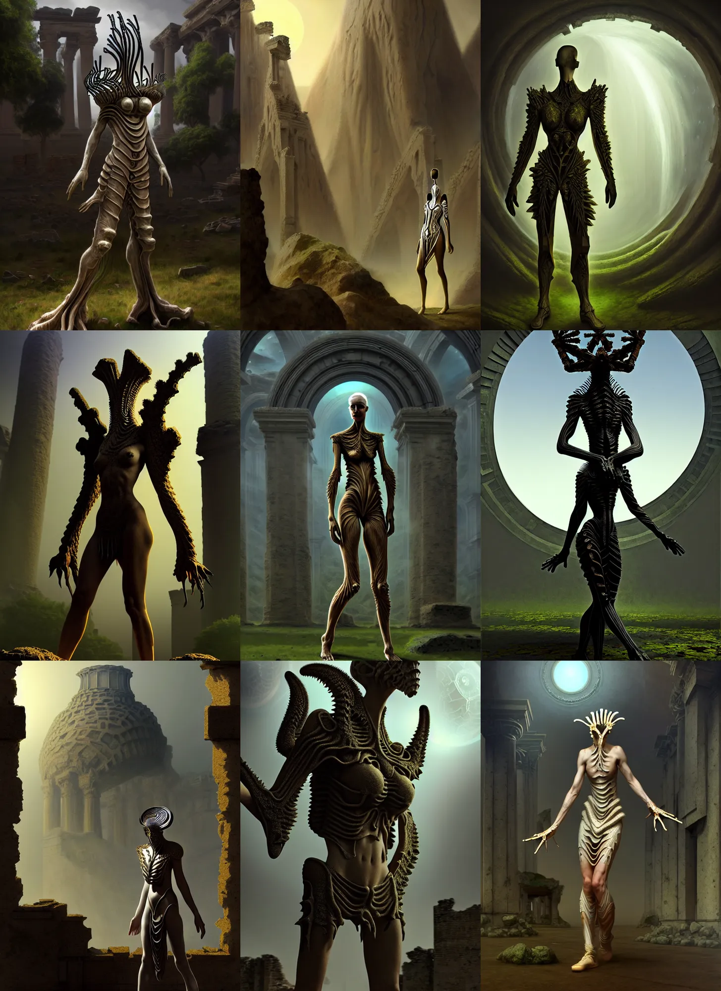 Prompt: costume design made for fractal aliens, sophisticated composition, old masters light composition, procedurally generated, character posing for concept art, ancient ruins behind, substance designer, PBR, HD, Ultra detailed, hyperrealistic, megascans, volumetric light, concept by master artist, made in paint tool SAI2, trending pixiv face