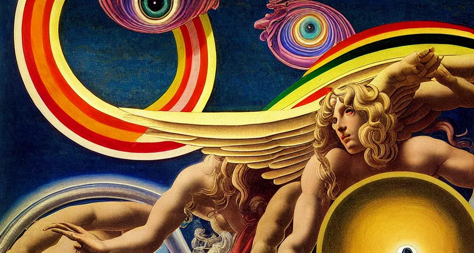 Image similar to painting of rainbow ophanim surrounded by large diagonally rotating rings, ophanim has bird wings, giant eyeball in the middle of the ophanim, by roberto. ferri, sandro botticelli, by caravaggio, by alexandre cabanel, by george clark stanton, amazing details, mythological, biblical, beautiful composition