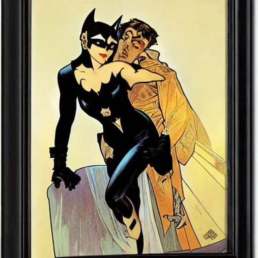 Image similar to portrait of catwoman and batman by Alphonse Mucha