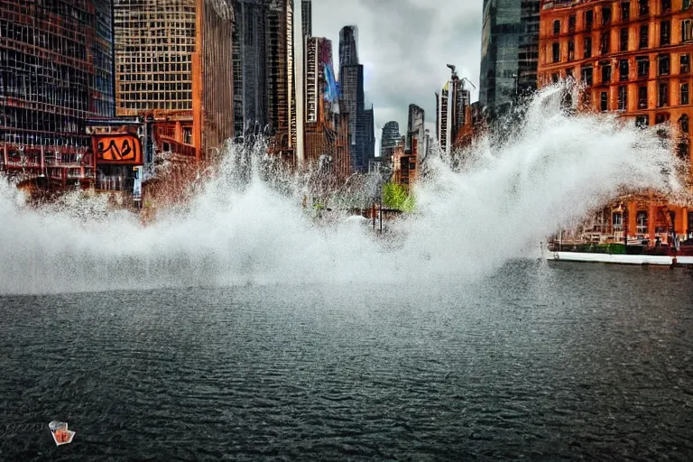 Prompt: water tornado in the city, ultra realistic, photorealistic, highly detailed, sharp focus, vivid, colorful