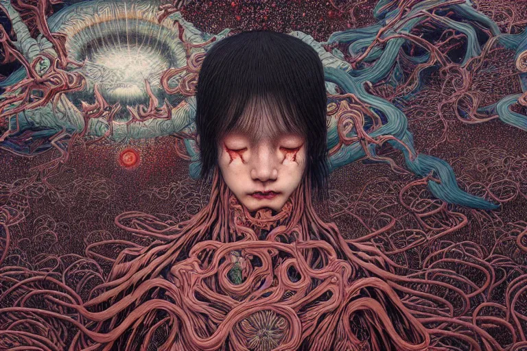 Image similar to realistic detailed image of the apocalypse, conjuring psychedelic background, part by takato yamamoto, part by alex gray, ross tran, james jean, ultra realistic, octane render, highly detailed, 8 k, trending on artstation, cosmic, symmetry, masterpiece