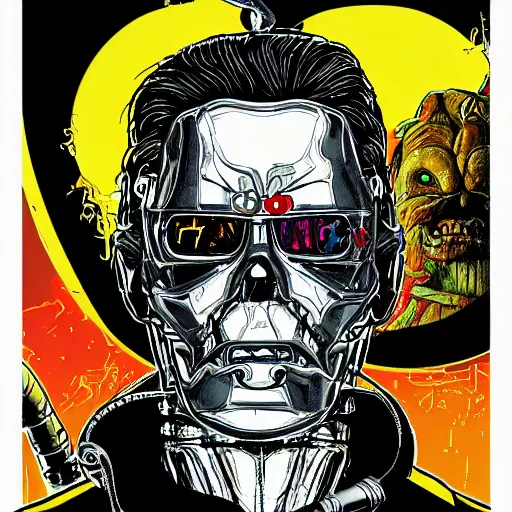 Image similar to terminator, wizard of oz, technicolour, walking down the yellow brick road, lineart, hyperdetailed, artstation