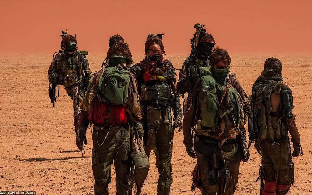 Prompt: in hot red desert a group of five people in dark green tactical gear like death stranding and masks in a sandy desert with distant red mesas behind them. They look afraid. dusty, red, mid day, heat shimmering.