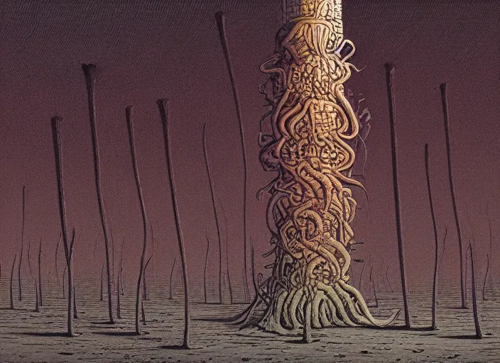 Prompt: tower of centipedes, Zdzislaw Beksinski, Lewis Jones, mattias adolfsson, cold hue's, warm tone gradient background