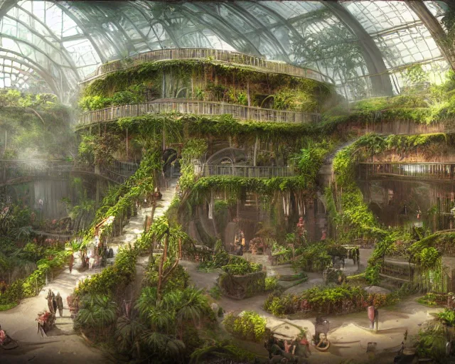 Prompt: Matte painting of the interior view of giant botanical museum. Biological architecture. Fantastical biopunk, detailed digital art trending in artstation