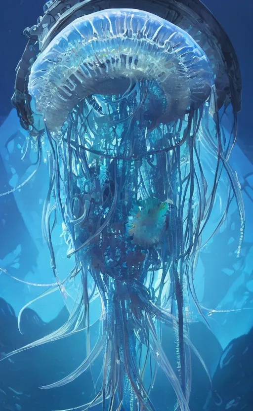 Image similar to Panorama hyper detailed painting of a cyberpunk jellyfish, blue tones, underwater, 8 mm, highly detailed, digital painting, artstation, concept art, smooth, sharp focus, illustration, art by artgerm and greg rutkowski and alphonse mucha