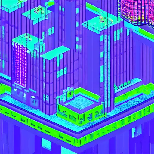 Image similar to pixel art cyberpunk city by beeple, purple and blue, neon lights