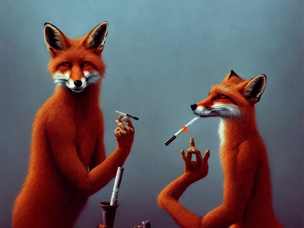 Image similar to an anthropomorphic male red fox fursona smoking a joint, by zdzisław beksinski and greg rutkowski, psychedelic, psychological, surreal, horror, weird, 8 k