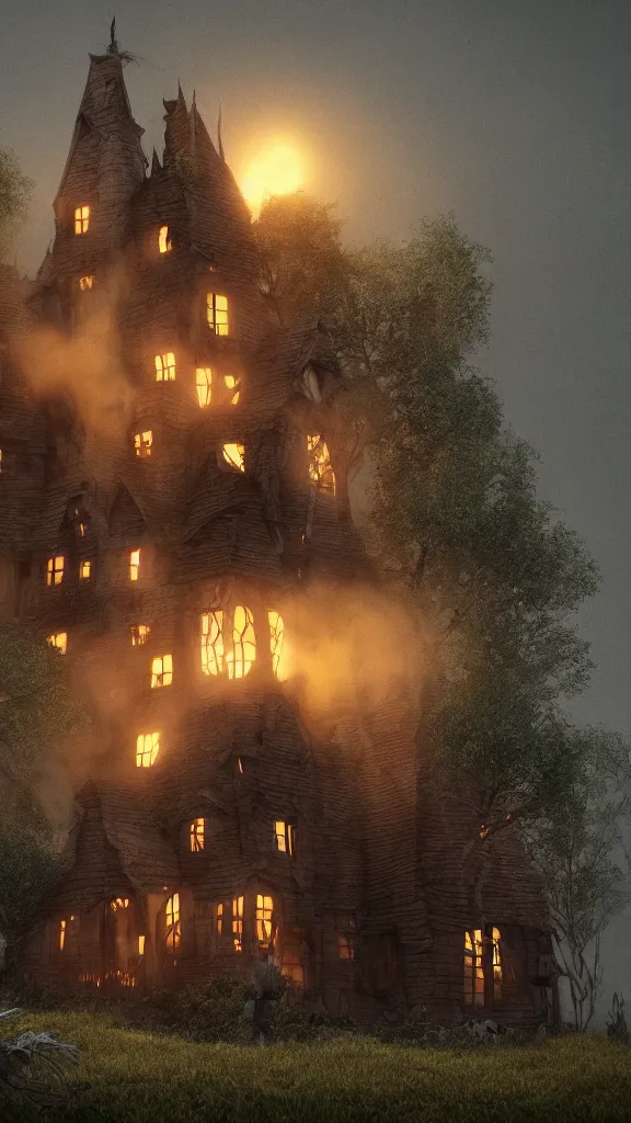 Prompt: fabricate an old witch house in style of wizard of oz, lots of smoke, gloomy, soft yellow red, atmosphere, rooftop smoking,, cinematic, unreal engine, golden ratio, cosmic horror, realistic, photorealistic. realistic, 8 k octanerender