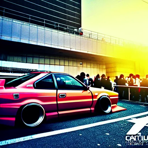 Image similar to a car Nissan Silvia at illegal car meet, Shibuya prefecture, city sunset, cinematic color, photorealistic, highly detailed