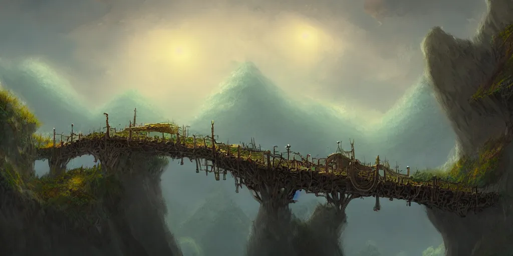 Prompt: peaceful village built on clouds, d & d, rope bridges, birds in background, high fantasy, detailed, digital painting, realistic, landscape by jonathan berube