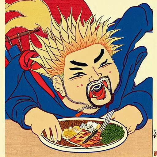 Image similar to Guy Fieri eats Japanese food by Katsushika Hokusai, art