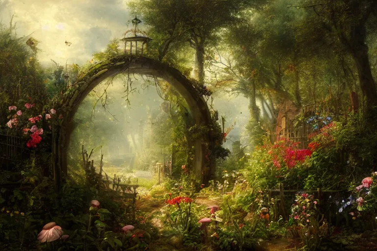 Prompt: gateway to hell, fireflies, mushrooms, multicoloured flowers, the secret garden. the hidden garden. private garden. andreas achenbach, artgerm, mikko lagerstedt, zack snyder, tokujin yoshioka