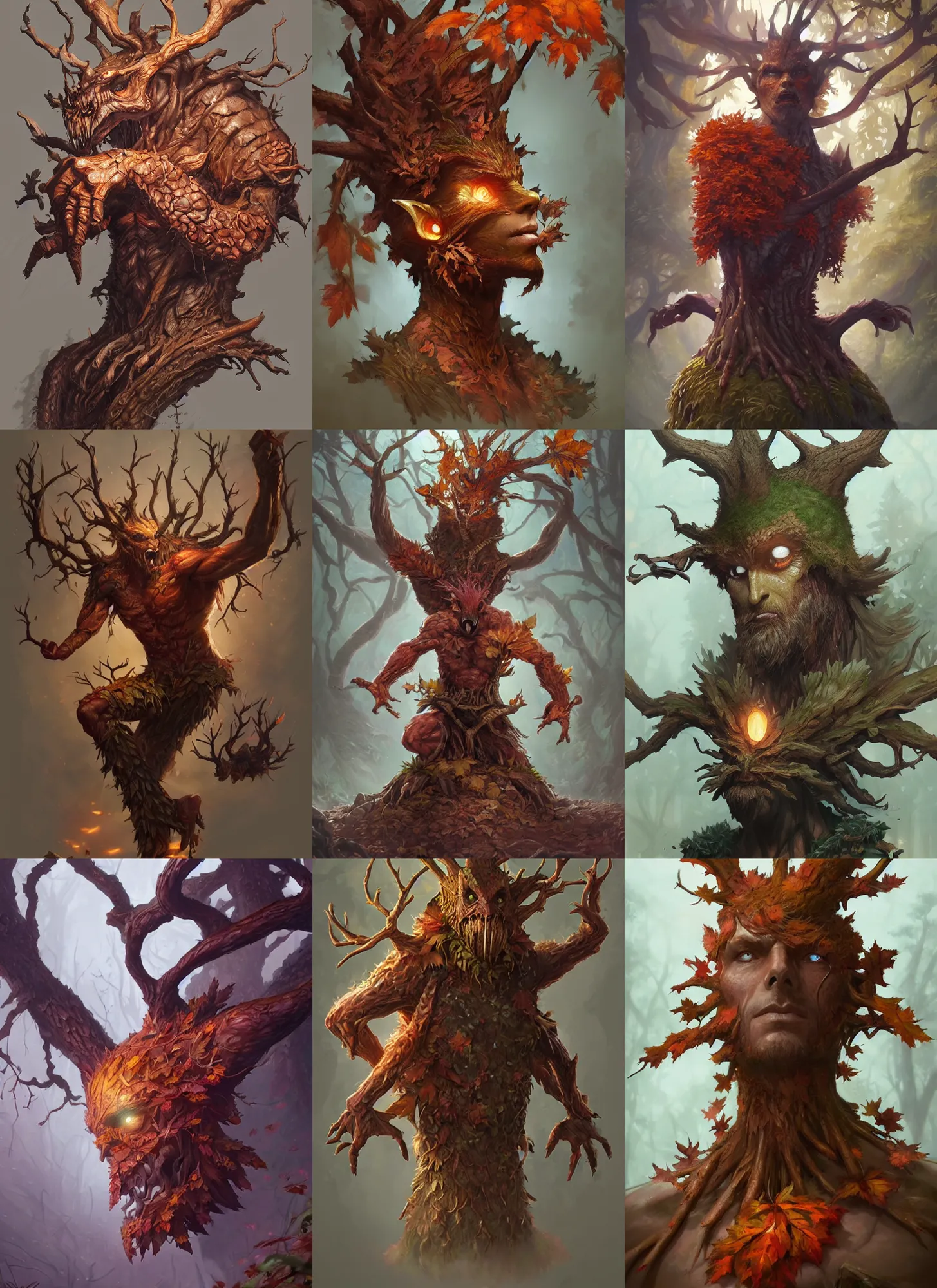 Prompt: autumnal treant, d & d, fantasy, portrait, highly detailed, digital painting, trending on artstation, concept art, sharp focus, illustration, art by artgerm and greg rutkowski and magali villeneuve