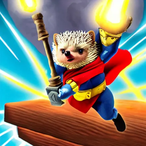 Prompt: the hedgehog thor ~ holding his hammer ~ dramatic thunder background ~ fighting scene ~