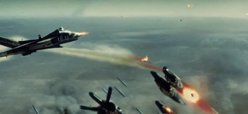 Prompt: a film still of an epic ww 2 space battle, explosions, wide angle, rule of thirds, colorful, thunderbirds, hbo, 4 k, hd, hyperrealistic, 7 0 mm, cronenberg