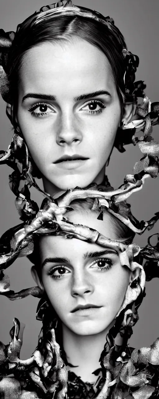 Image similar to Emma Watson closeup face with pouting lips, shoulders very long hair hair wearing an oversized Beret, wearing a mandelbrot fractal biomechanical sculpture mask, elegant Vogue fashion shoot by Peter Lindbergh fashion poses detailed professional studio lighting dramatic shadows professional photograph by Cecil Beaton, Lee Miller, Irving Penn, David Bailey, Corinne Day, Patrick Demarchelier, Nick Knight, Herb Ritts, Mario Testino, Tim Walker, Bruce Weber, Edward Steichen, Albert Watson