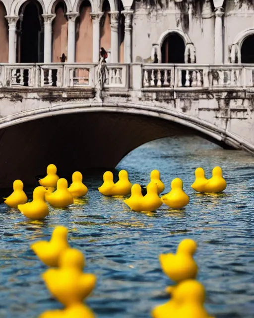 Prompt: high quality presentation photo of rubber ducks taking over Venice, photography 4k, f1.8 anamorphic, bokeh, 4k, Canon, Nikon