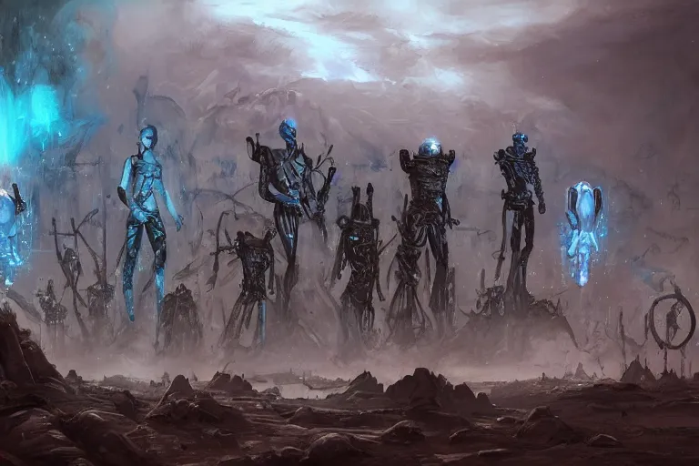 Image similar to ancient alien portral, a crowd of androids, in mad max style, stargate, coriolios rpg art style, full of details, dark sci - fi, cold blue colors, matte painting, artstation, 8 k, hyperrealistic, style of peter mohrbacher