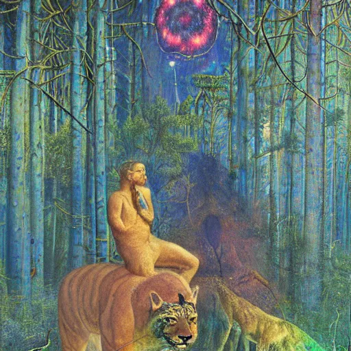 Prompt: psychedelic big cats lush pine forest, horror, scary, dark, outer space, milky way, designed by arnold bocklin, jules bastien - lepage, tarsila do amaral, wayne barlowe and gustave baumann, cheval michael, trending on artstation, star, sharp focus, colorful refracted sparkles and lines, soft light, 8 k 4 k