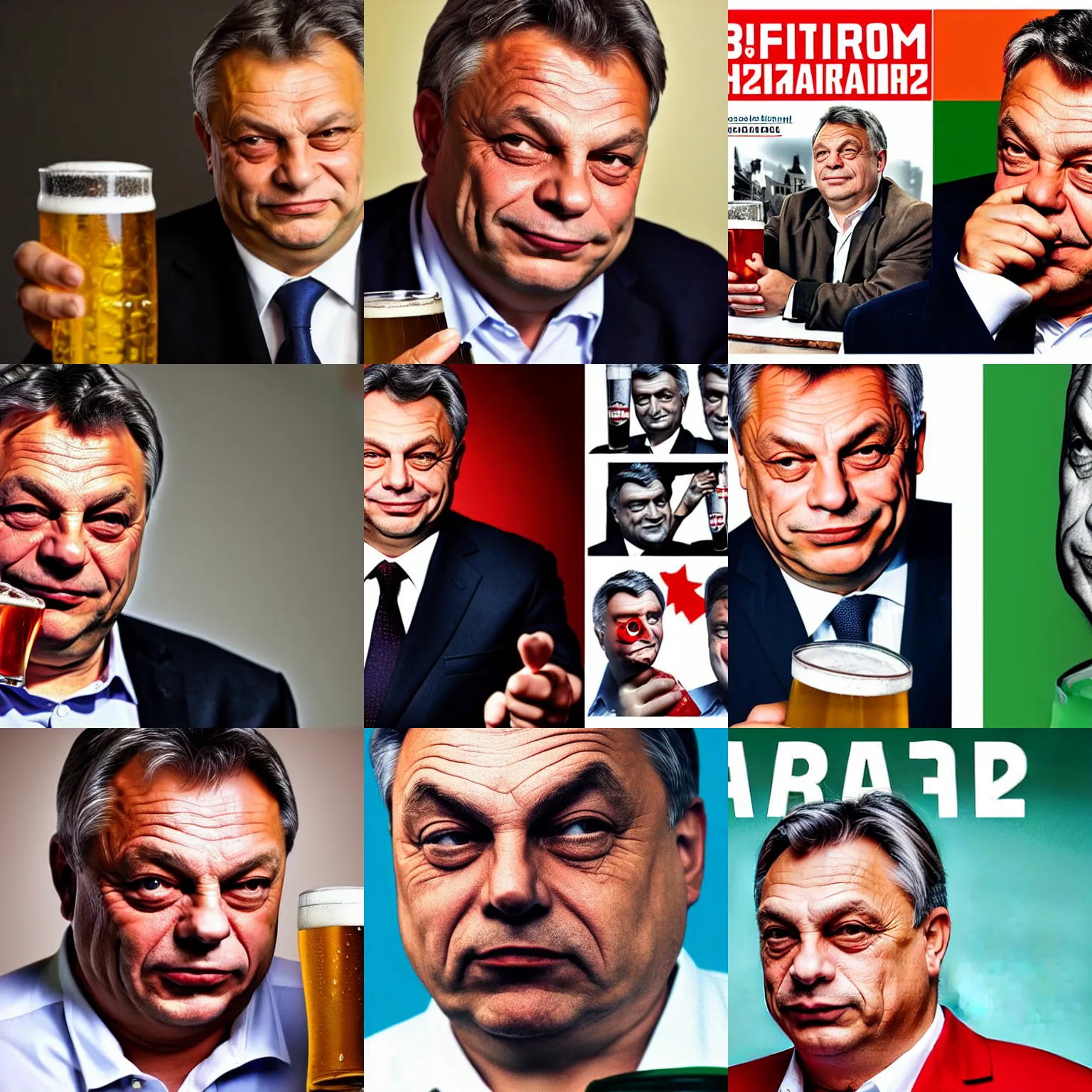 Prompt: headshot magazine cover photo of communist viktor orban winking with beer, close - up on face, detailed eyes, studio lighting