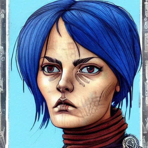 Image similar to intricate portrait, pure skin, short blue hair, in the style of enki bilal!