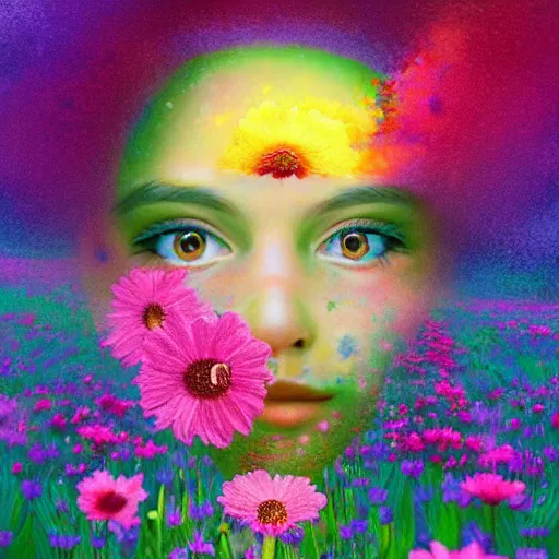 Image similar to girl with one blooming flower as a face, surreal photography, dream, standing in flower field, hills, big trees, sunrise dramatic light, impressionist painting, colorful clouds, digital painting, pointillism, artstation, simon stalenhag, flower face