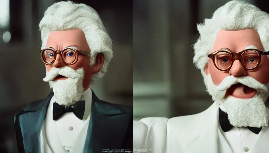 Image similar to hyper-realistic and detailed biopic movie still portrait of Colonel Sanders, by Paolo Sorrentino, cinestill 800t 35mm, clear color, high quality, high textured, dramatic light, cinematic